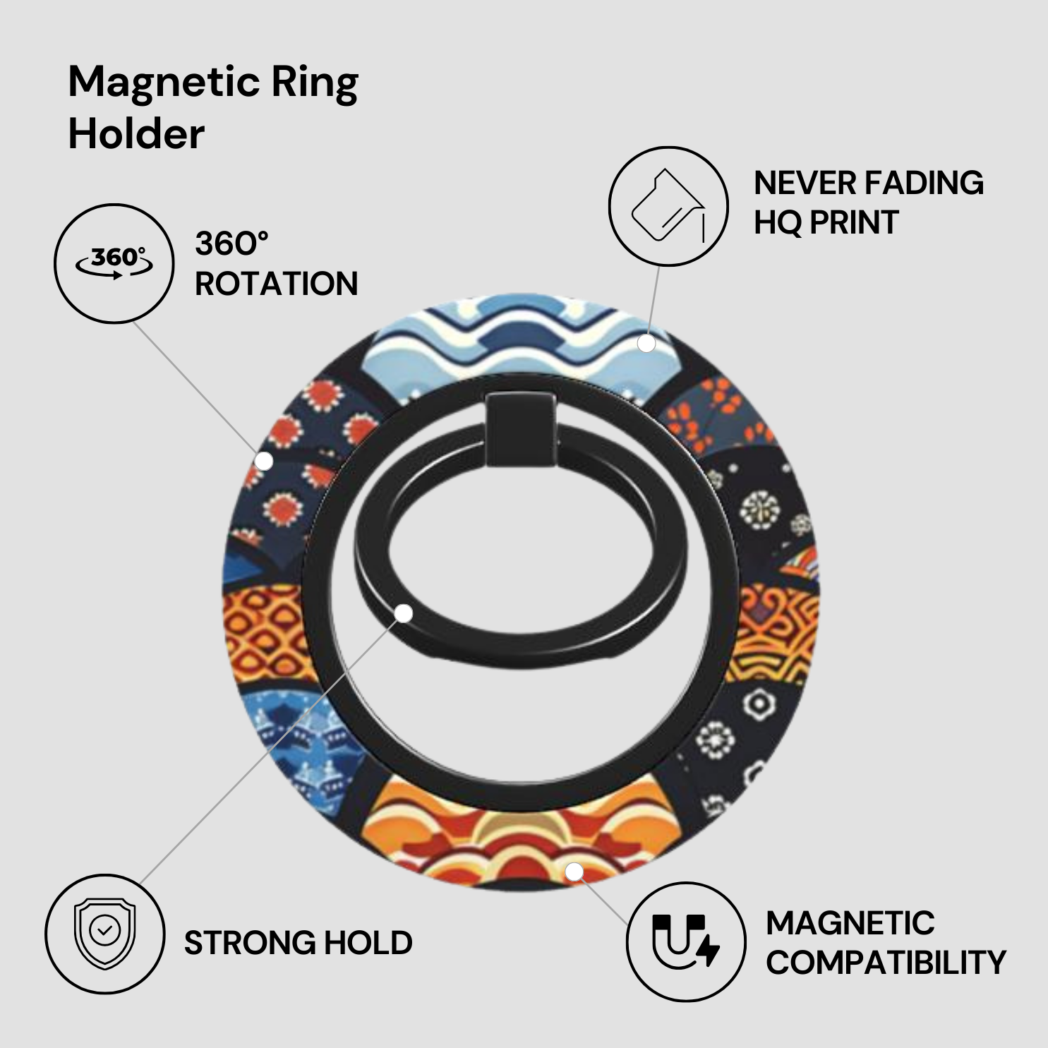 Magnetic ring holder with colorful design on a white background | Casenari
