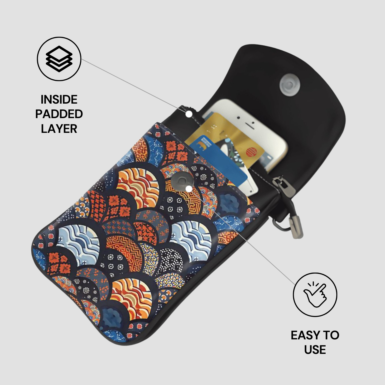 Patterned phone case with inside padded layer and easy-to-use features on a gray background | Casenari