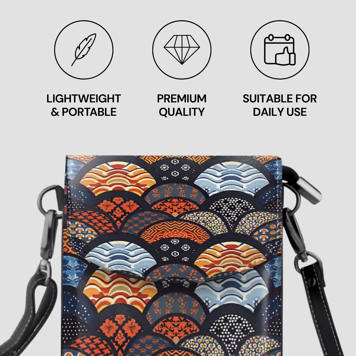 Patterned bag with shoulder straps on a light gray background, featuring icons and text about product attributes. | Casenari
