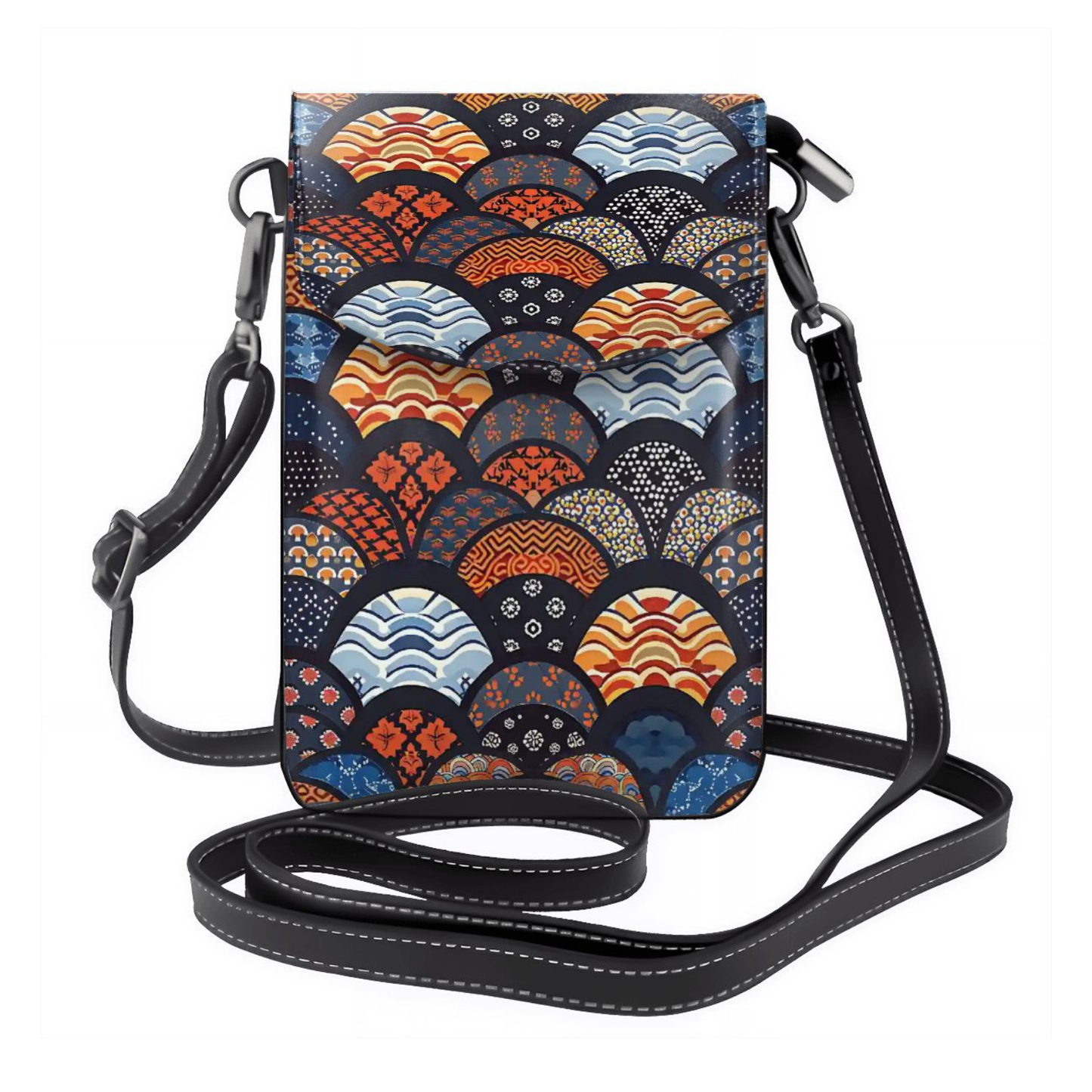 Crossbody bag with colorful geometric pattern on a white background | Casenari