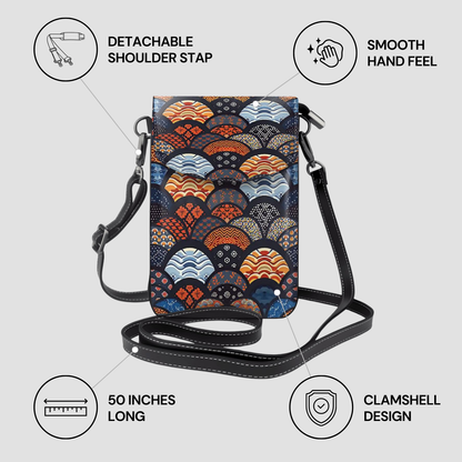 Multicolored patterned crossbody bag with features listed on a gray background | Casenari