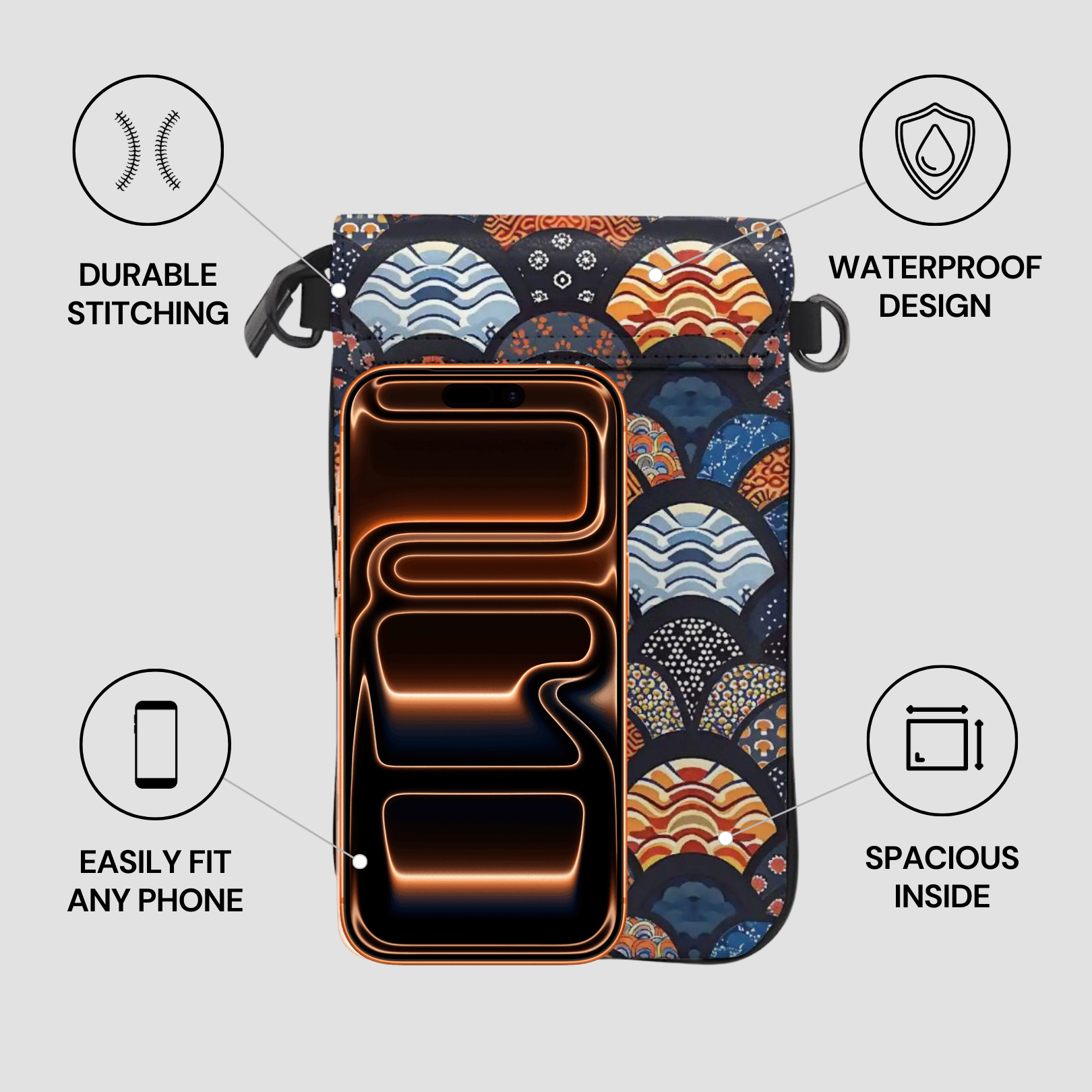Phone case with colorful design and text highlighting features on a gray background | Casenari