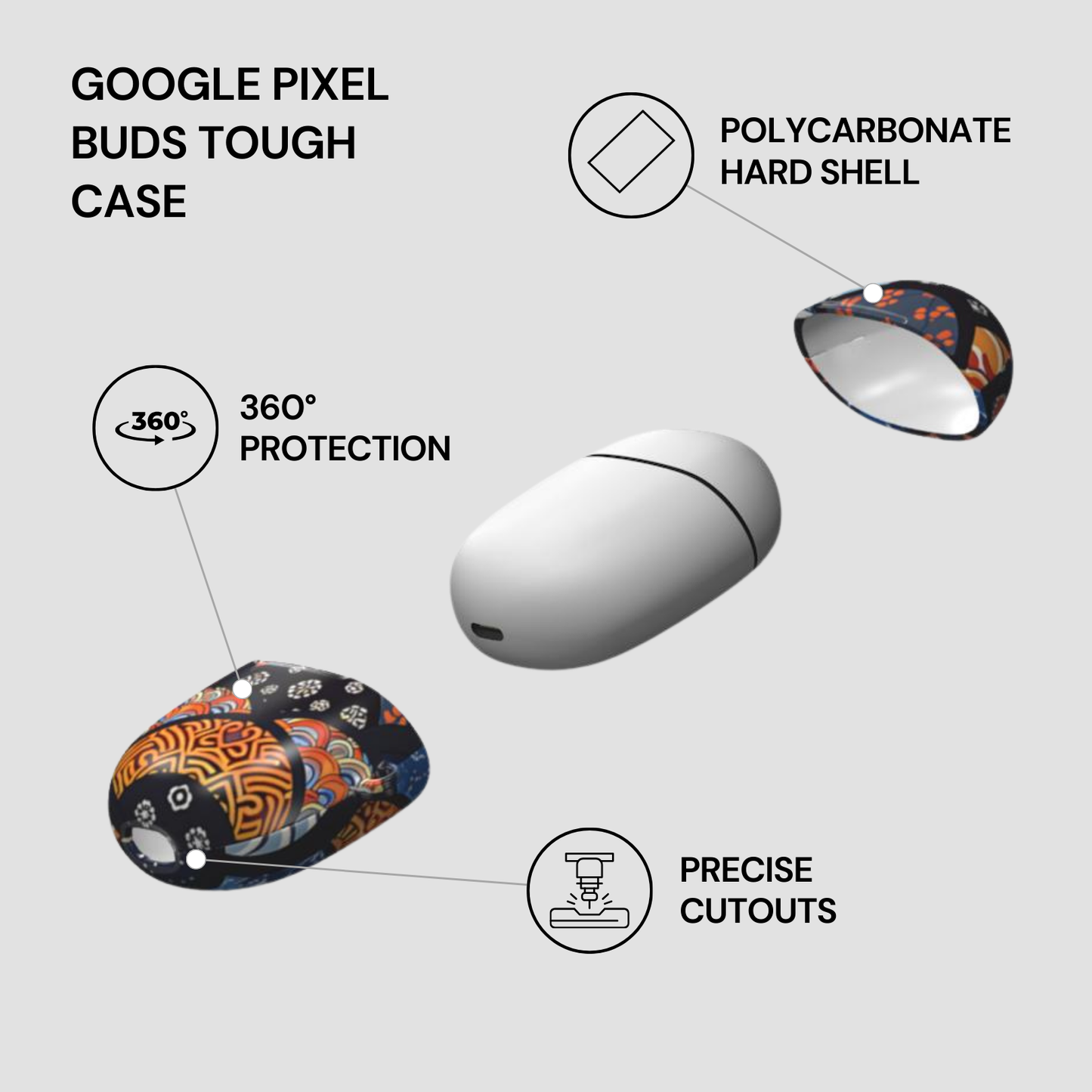 Google Pixel Buds Tough Case with features highlighted on a white background | Casenari
