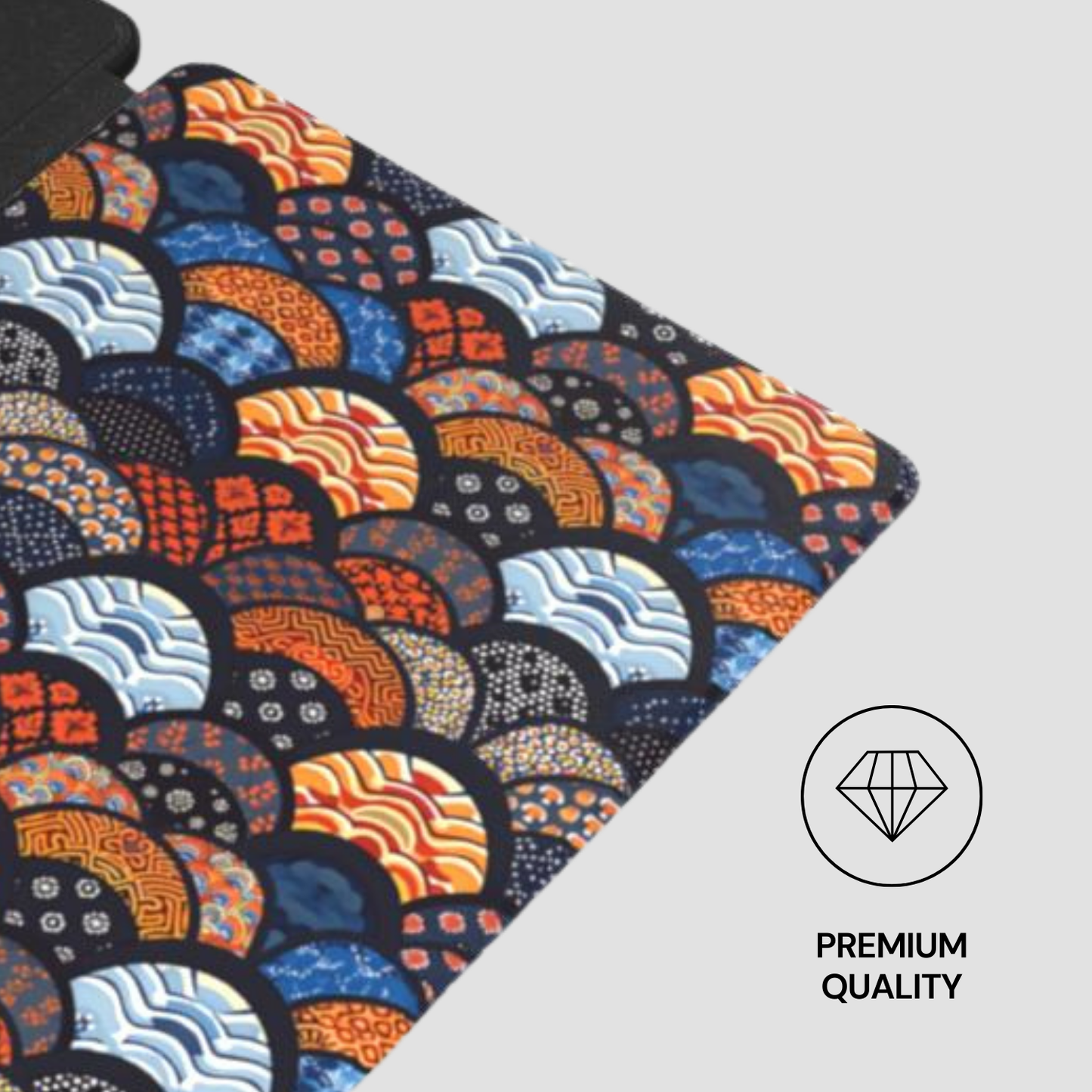 Patterned fabric with geometric design on a white background, featuring a 'Premium Quality' label. | Casenari
