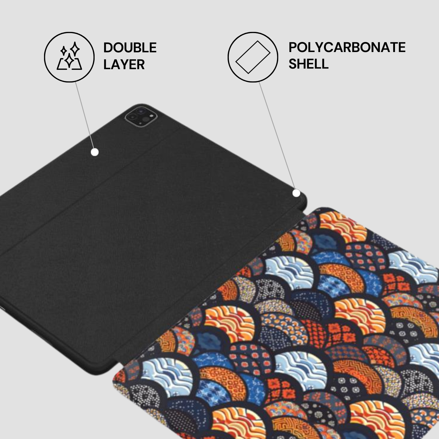 Tablet case with double layer and polycarbonate shell features on a light gray background | Casenari