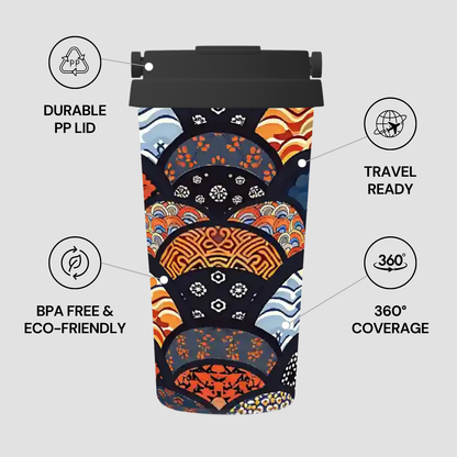Colorful tumbler with patterns and text highlighting features on a light gray background | casenari