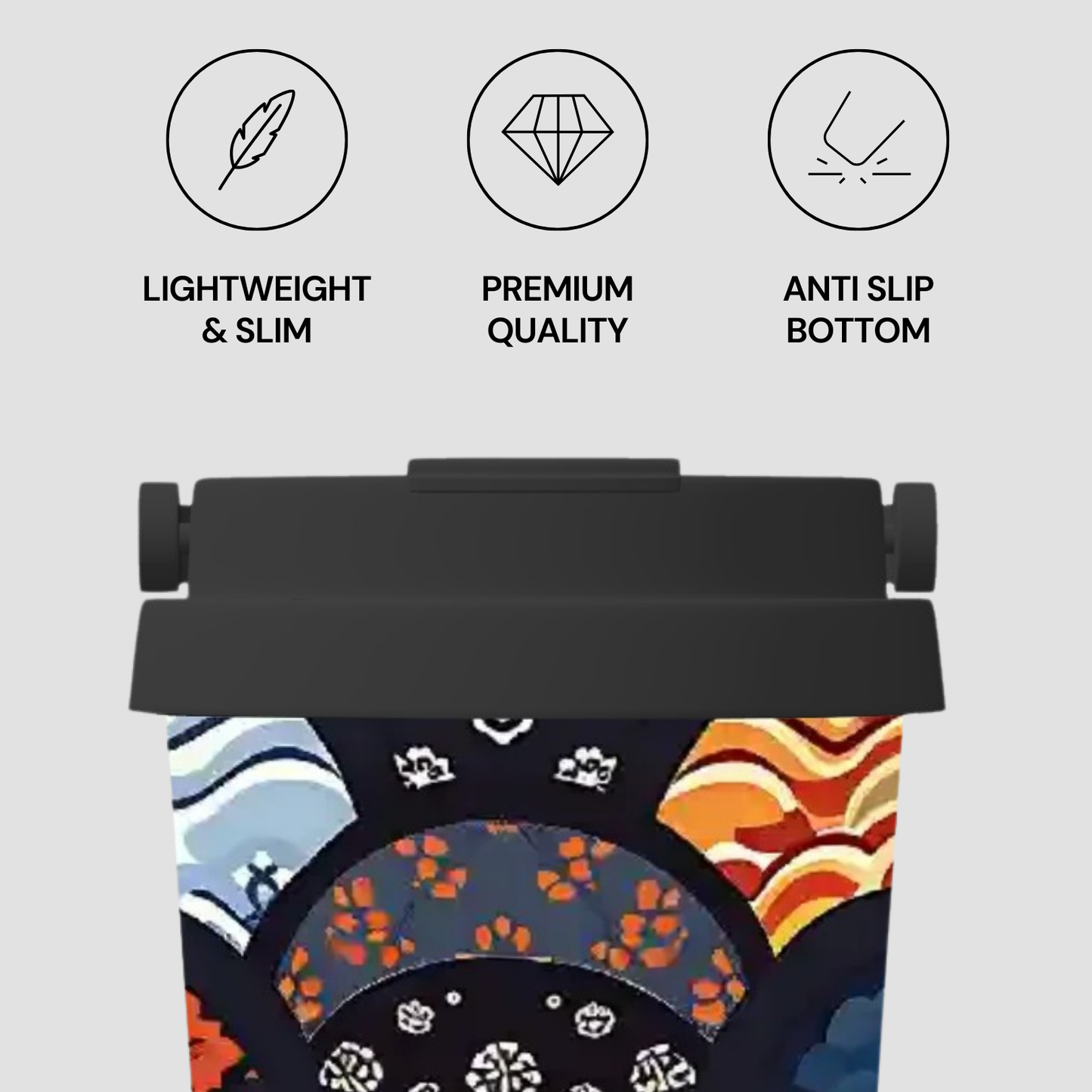 Travel Mug with colorful patterns on a light gray background, featuring icons and text about product features. | casenari