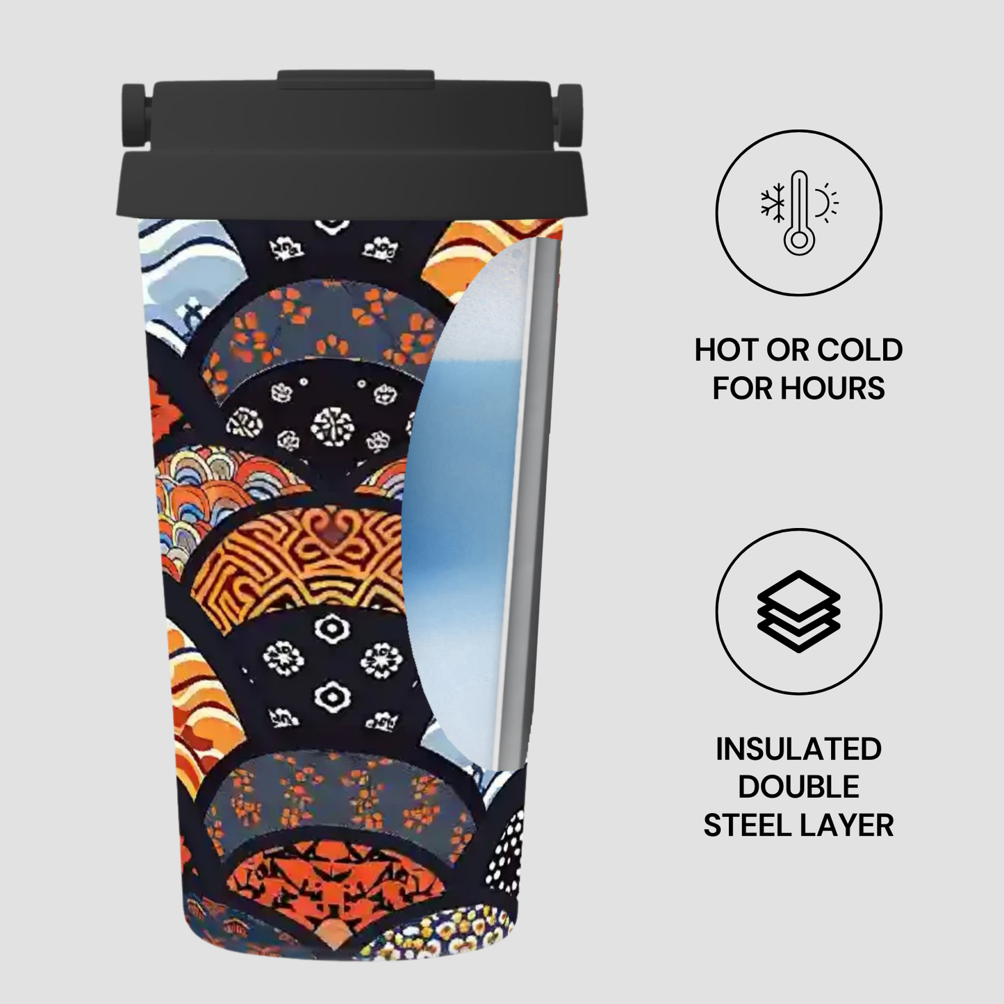 Colorful insulated tumbler with geometric pattern on a light gray background | casenari