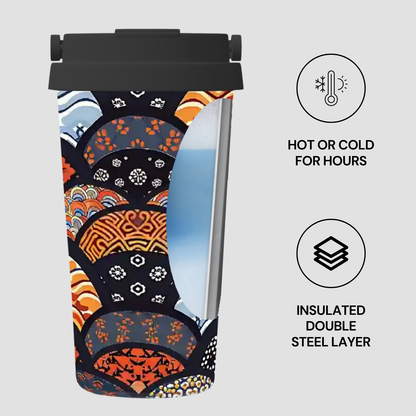 Colorful insulated tumbler with geometric pattern on a light gray background | casenari