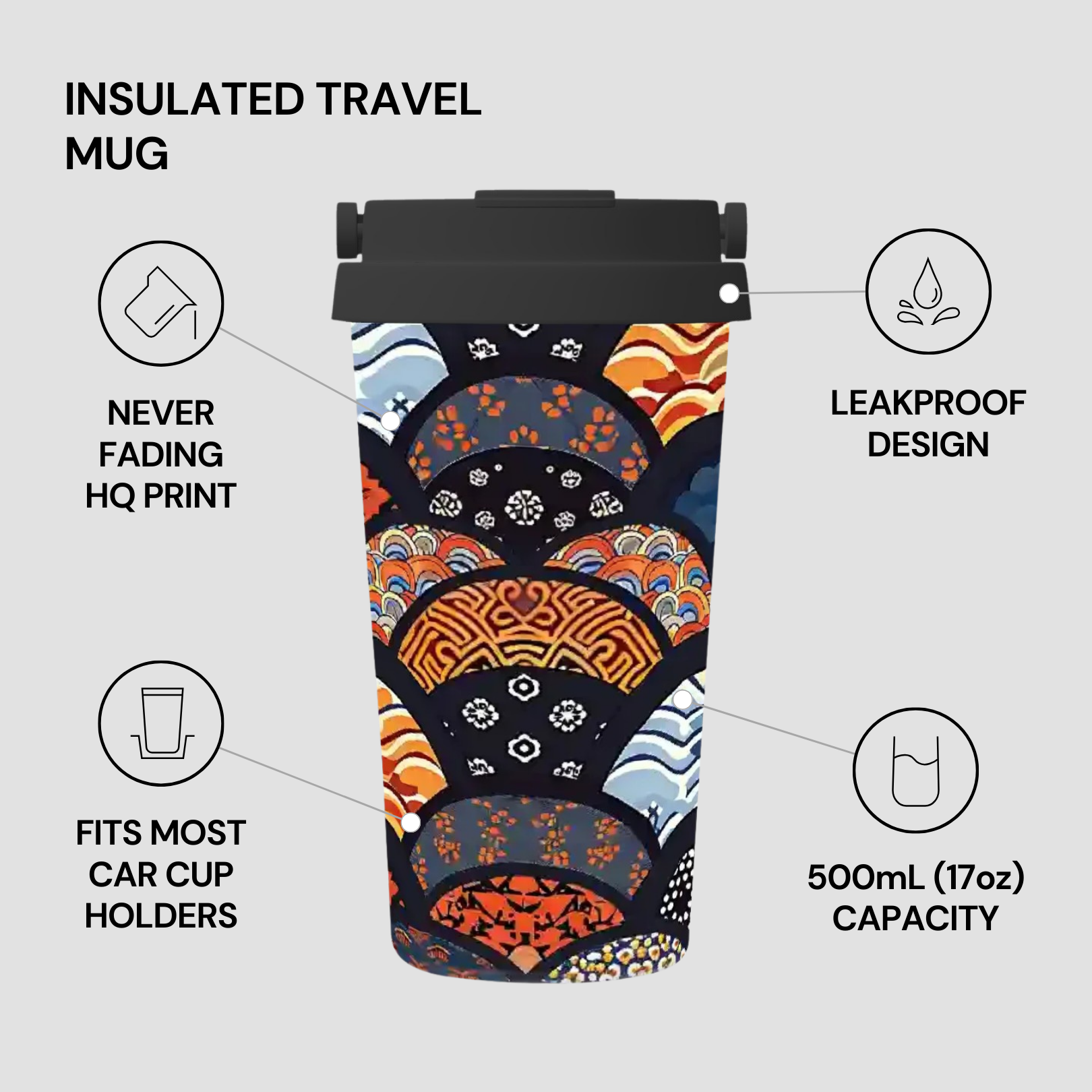 Insulated travel mug with colorful design and features listed on a light gray background | casenari