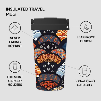 Insulated travel mug with colorful design and features listed on a light gray background | casenari
