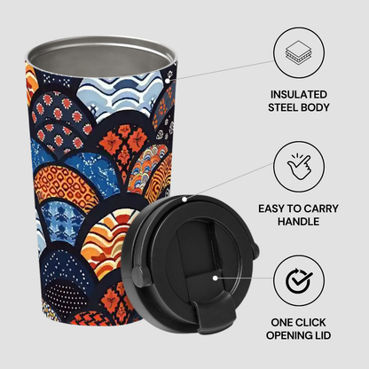 Colorful insulated steel tumbler with patterned design and black lid on a light gray background | casenari