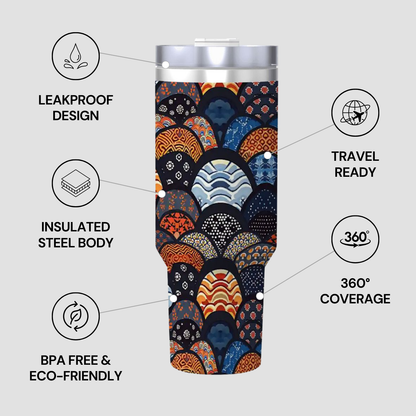 Tumbler with a colorful pattern on a gray background, featuring text about its features. | Casenari 