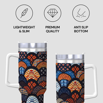 Two travel mugs with a colorful pattern, labeled as lightweight, premium quality, and anti-slip bottom. | Casenari 