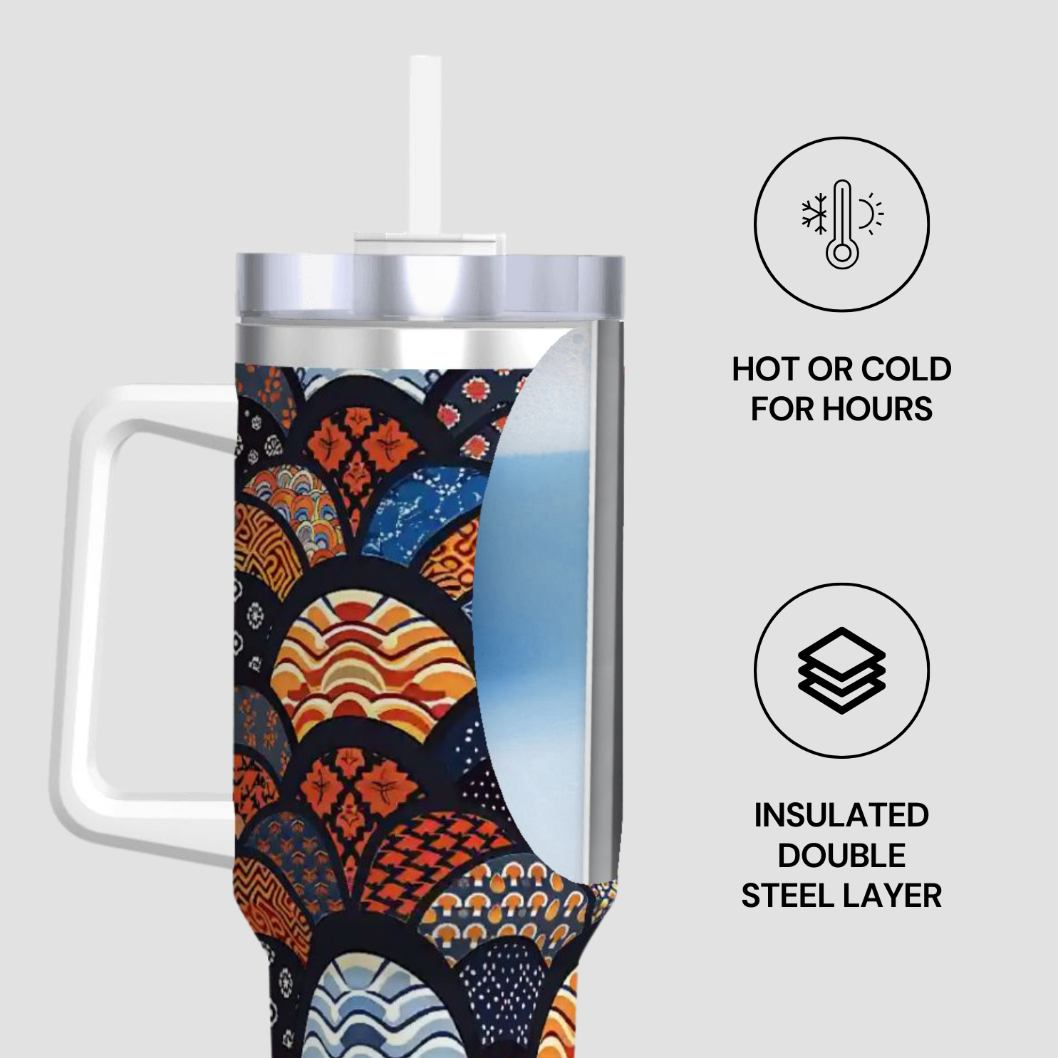 Insulated tumbler with colorful pattern on a white background | Casenari 