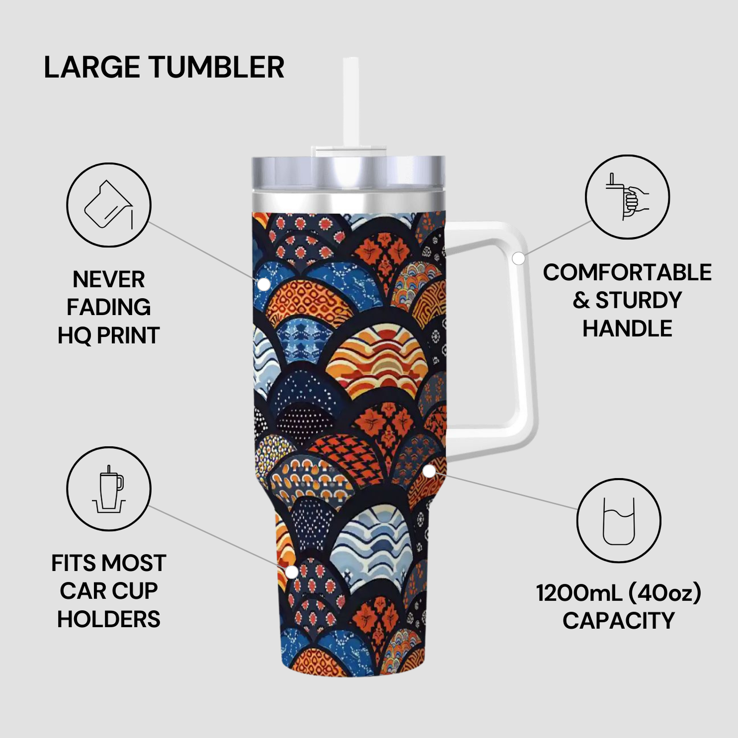 Colorful tumbler with pattern, handle, and text on a gray background | Casenari 