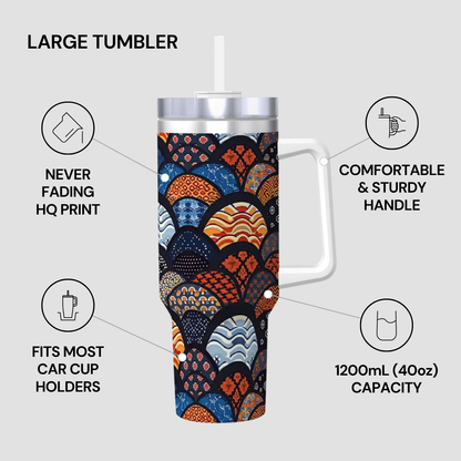 Colorful tumbler with pattern, handle, and text on a gray background | Casenari 
