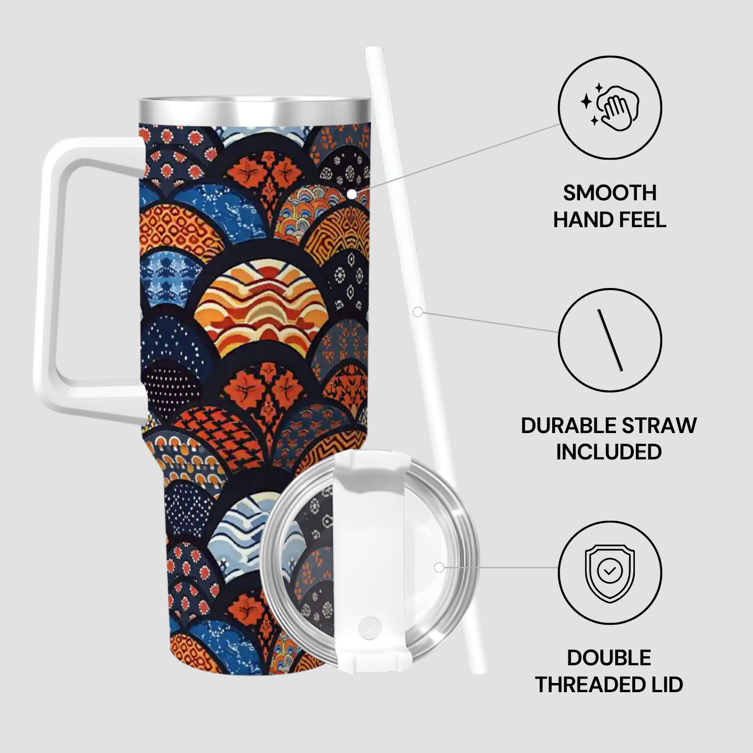Colorful travel mug with pattern, lid, and straw on a light gray background | Casenari 