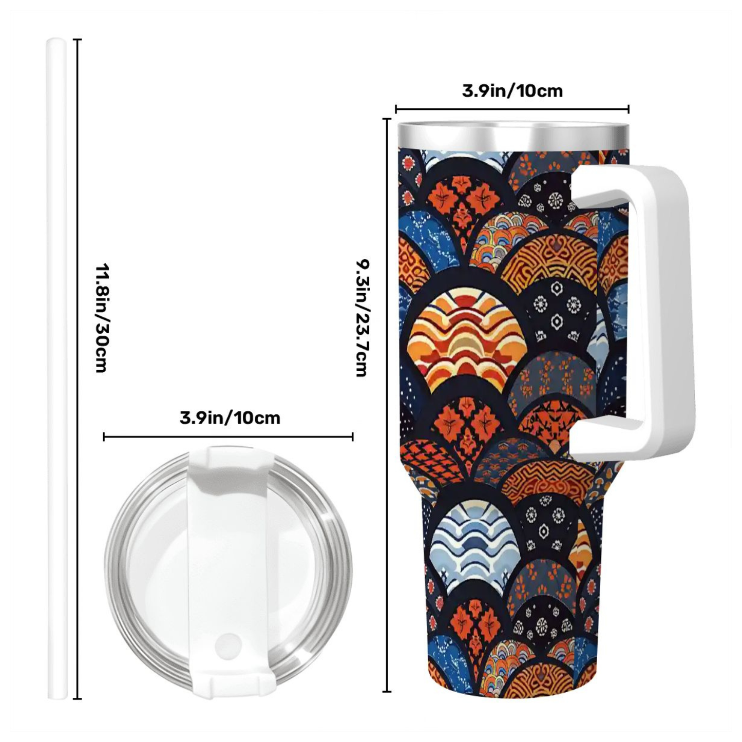 Colorful patterned tumbler with measurements on a white background | Casenari 