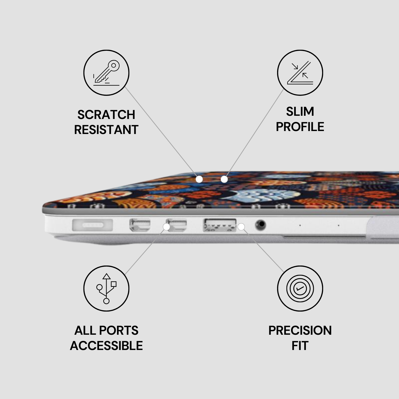 Laptop with features labeled 'Scratch Resistant', 'Slim Profile', 'All Ports Accessible', and 'Precision Fit' on a light gray background. | Casenari