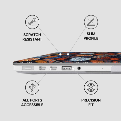 Laptop with features labeled 'Scratch Resistant', 'Slim Profile', 'All Ports Accessible', and 'Precision Fit' on a light gray background. | Casenari