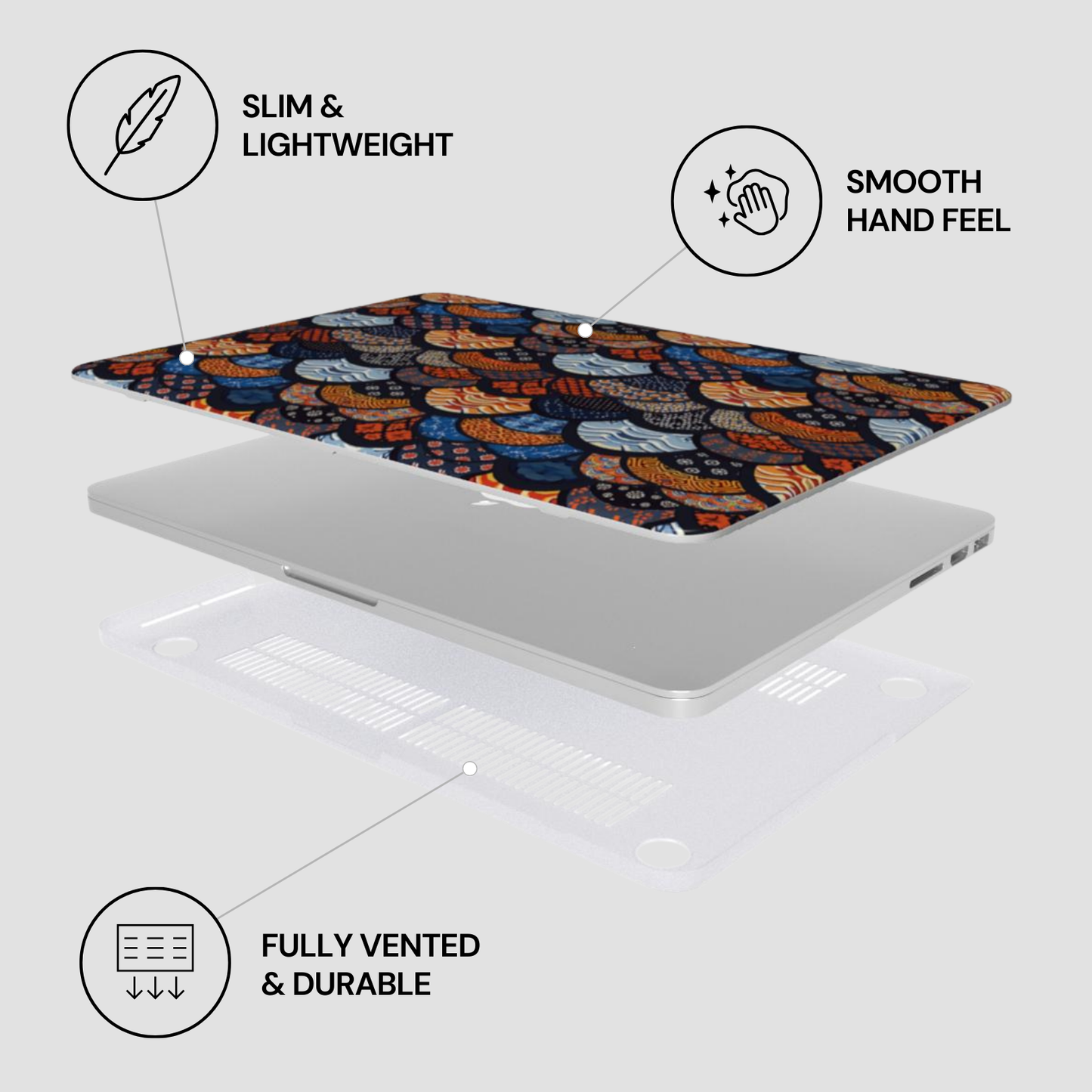 Laptop with decorative skin on a white background, featuring text labels about features. | Casenari