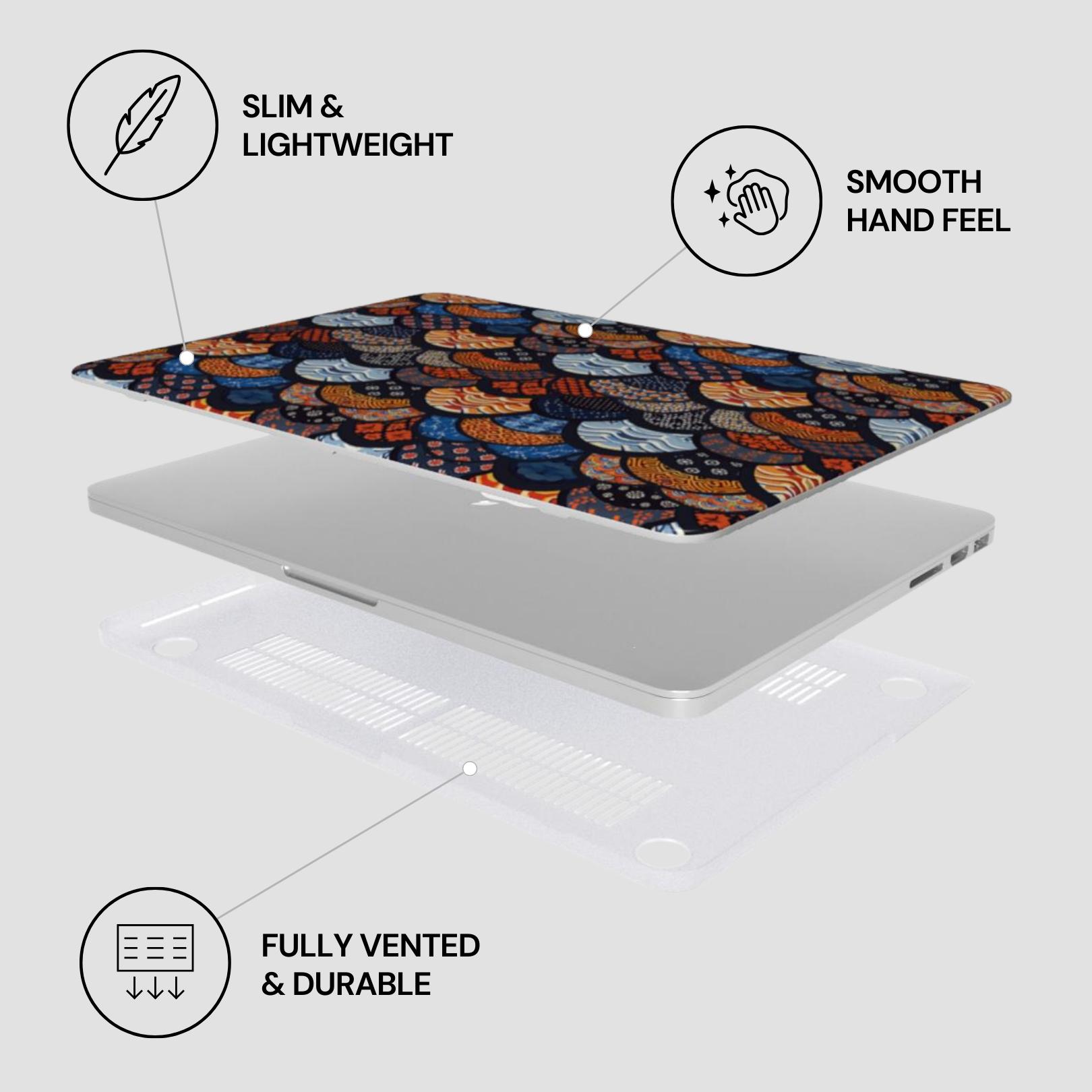 Laptop with decorative skin on a white background, featuring text labels about features. | Casenari
