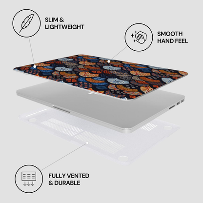 Laptop with decorative skin on a white background, featuring text labels about features. | Casenari