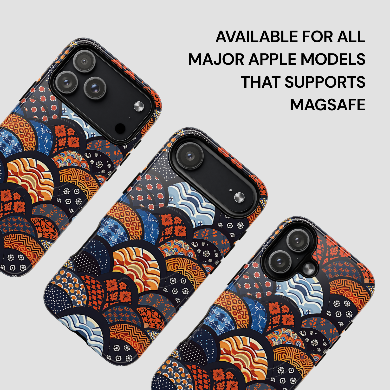 Patterned phone case with text indicating compatibility for Apple models supporting MagSafe. | Casenari