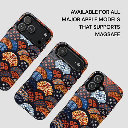 Patterned phone case with text indicating compatibility for Apple models supporting MagSafe. | Casenari