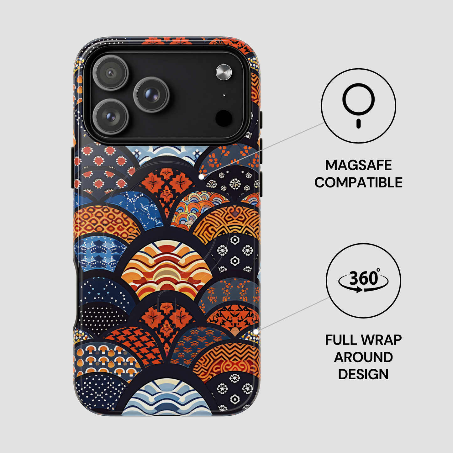 Phone case with a colorful pattern, labeled 'Magsafe compatible' and 'Full wrap around design'. | Casenari