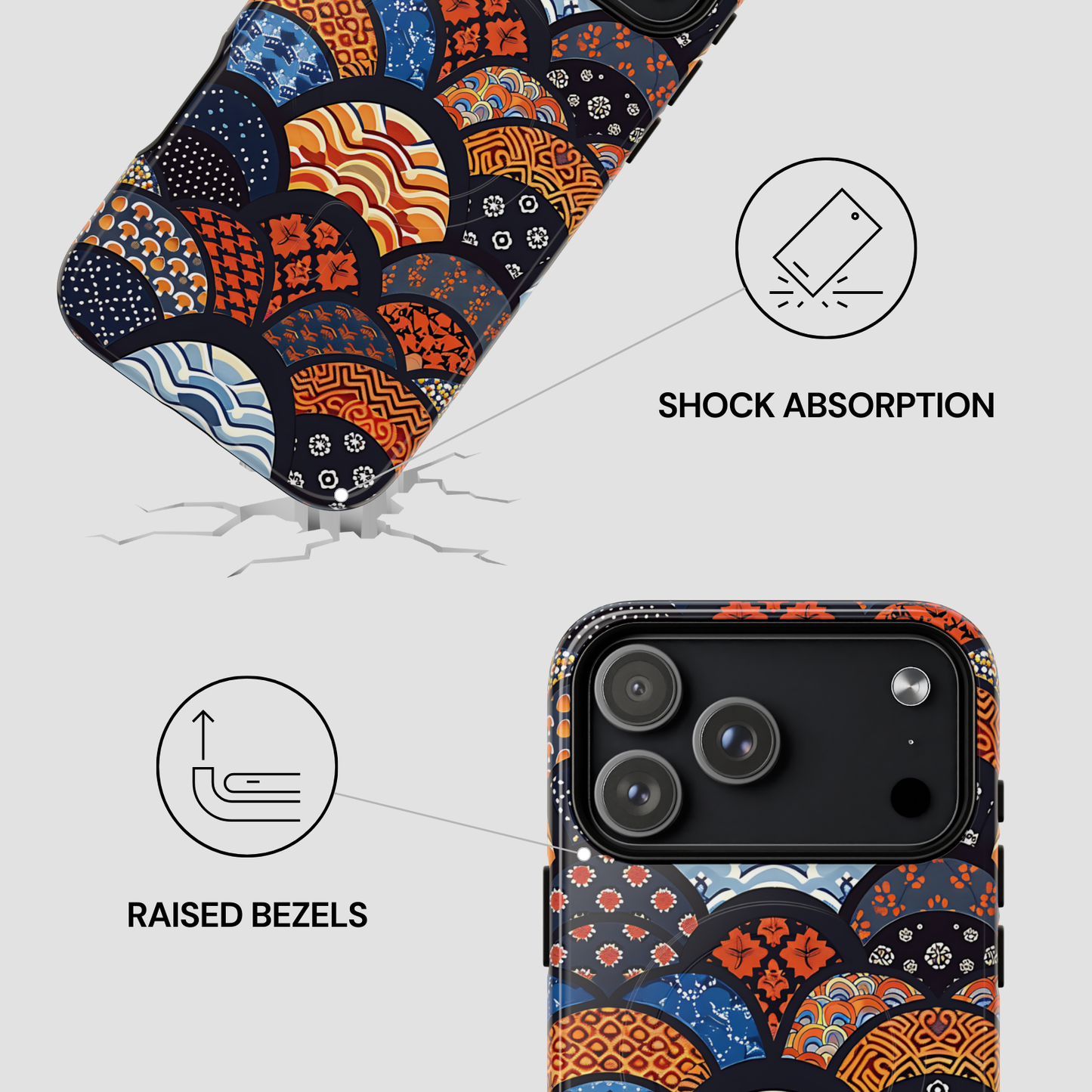 Phone case with colorful geometric pattern and shock absorption and raised bezels features. | Casenari