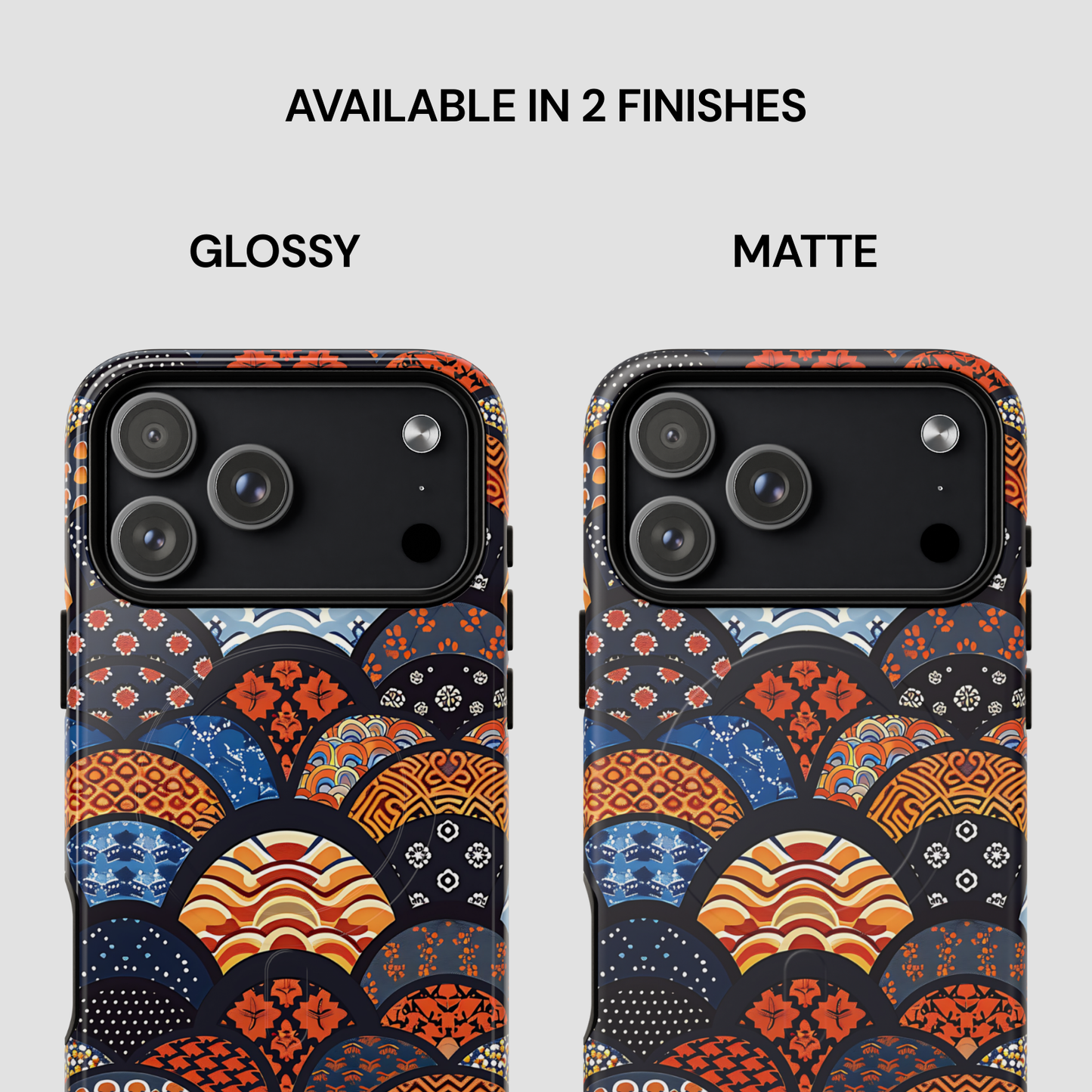 Two phone cases with a geometric pattern, one glossy and one matte, on a light gray background. | Casenari