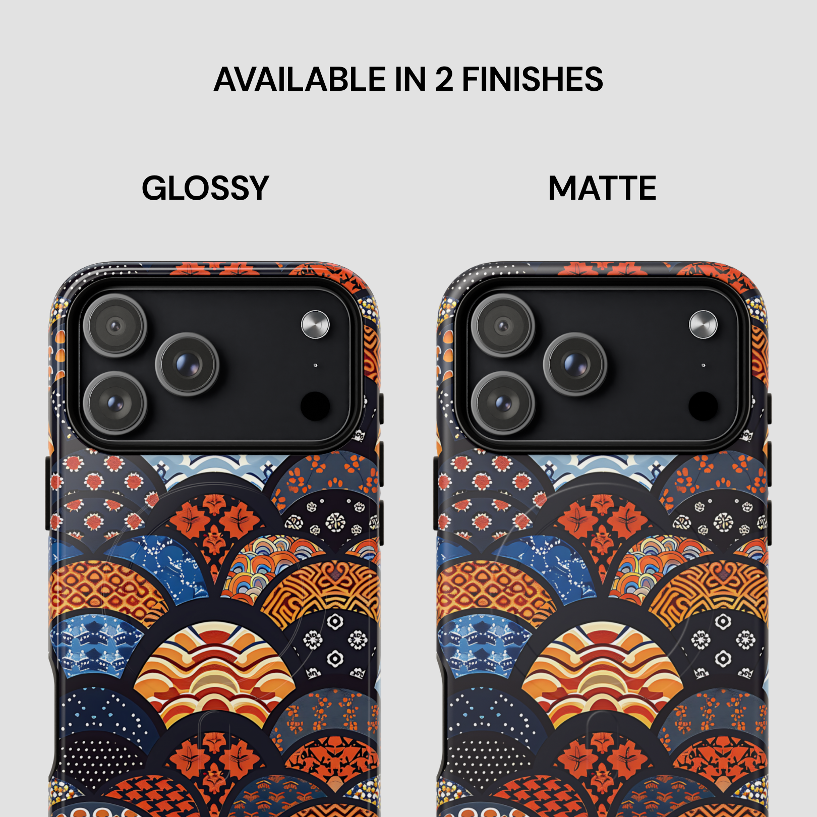 Two phone cases with a geometric pattern, one glossy and one matte, on a light gray background. | Casenari