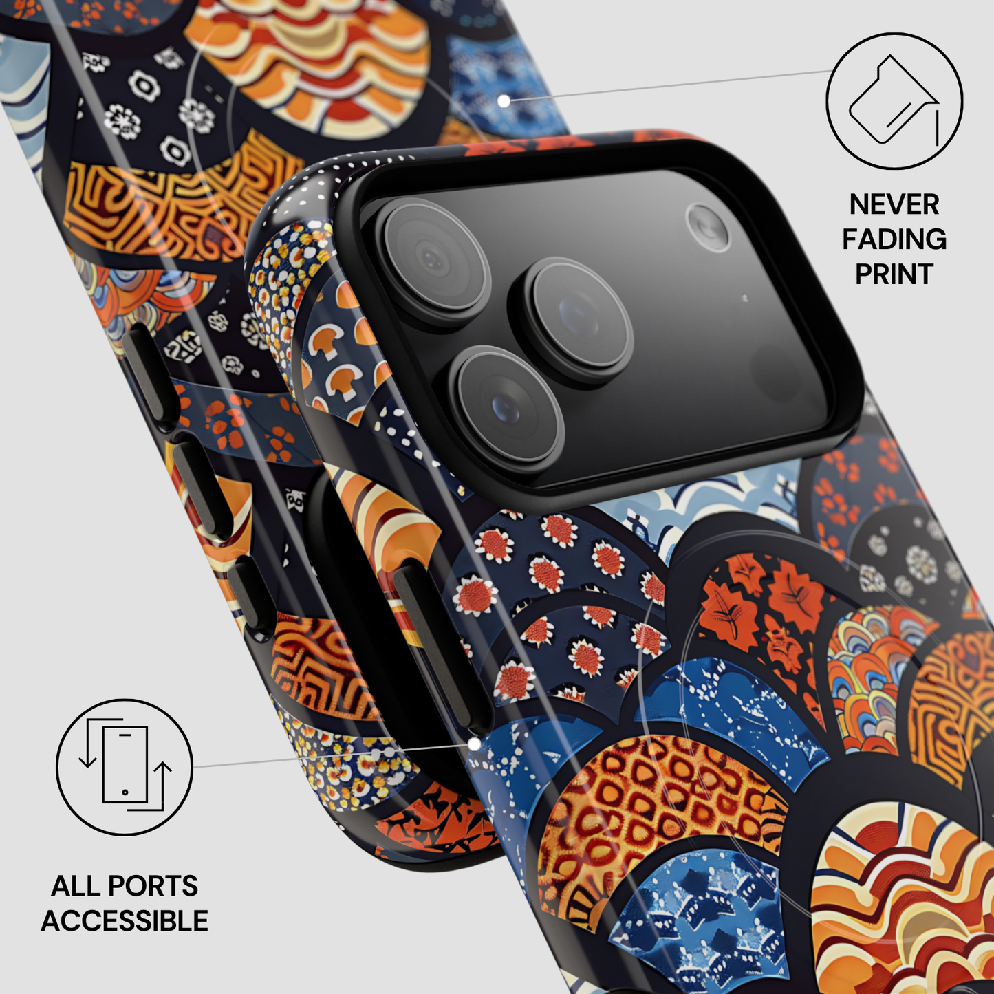 Colorful patterned phone case with camera and port accessibility indicators on a light gray background. | Casenari