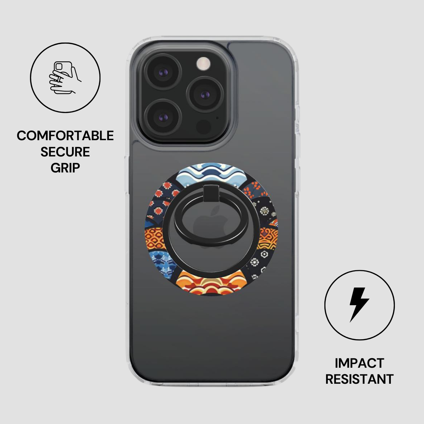 Phone case with a colorful ring holder on a gray background | Casenari