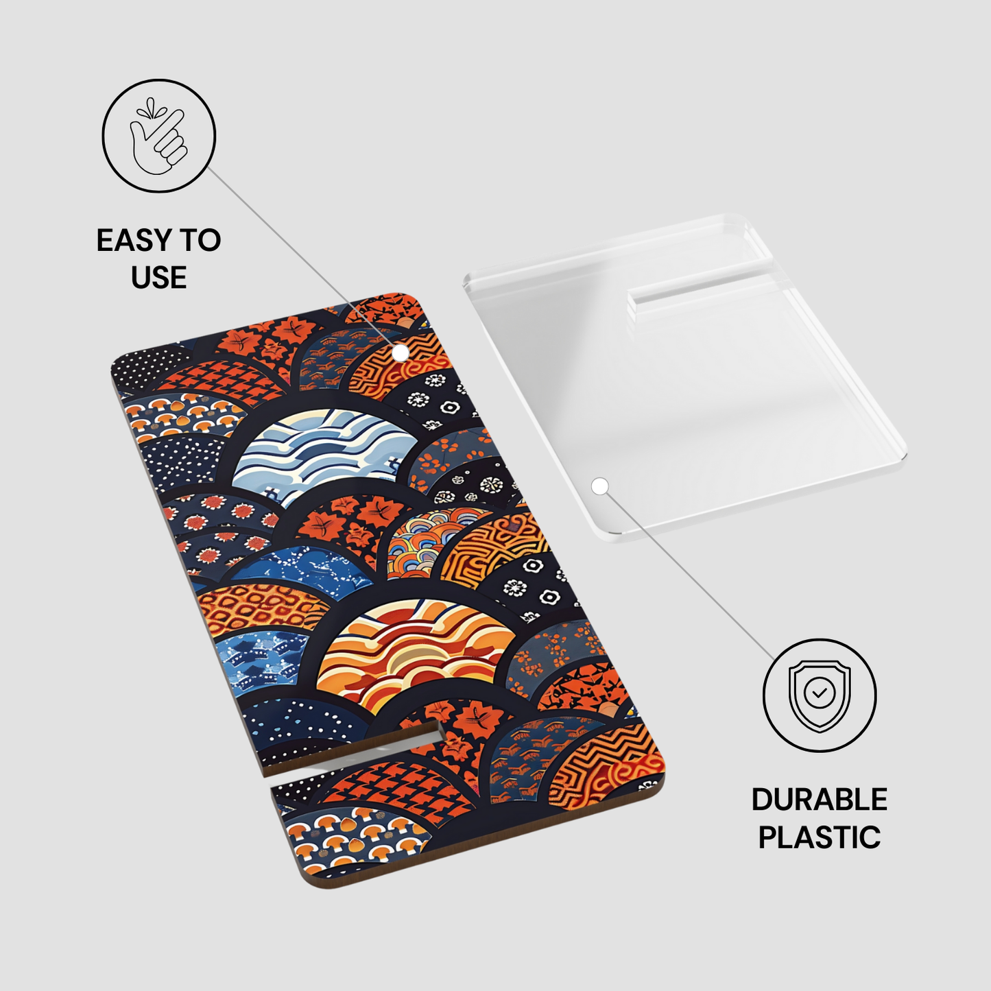 Phone case with colorful pattern on a white background, labeled 'Easy to use' and 'Durable plastic'. | Casenari