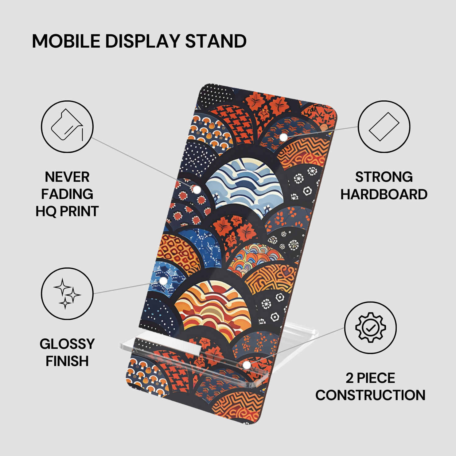 Mobile display stand with colorful design and text highlighting features on a gray background | Casenari