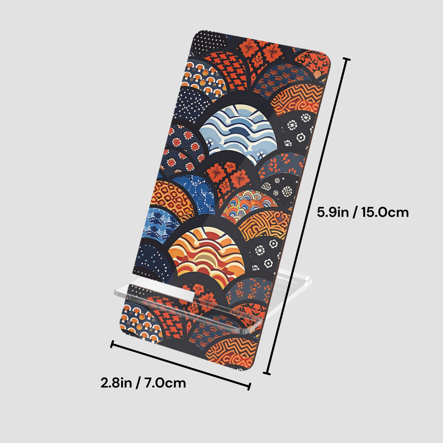 Yoga mat with colorful design and measurements on a light gray background | Casenari