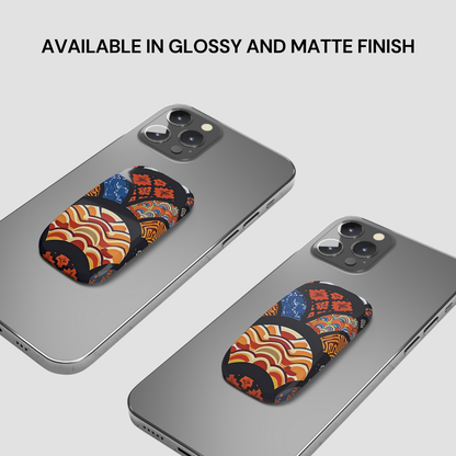 Two phone cases with a colorful design on a gray background, text indicating finish options. | Casenari