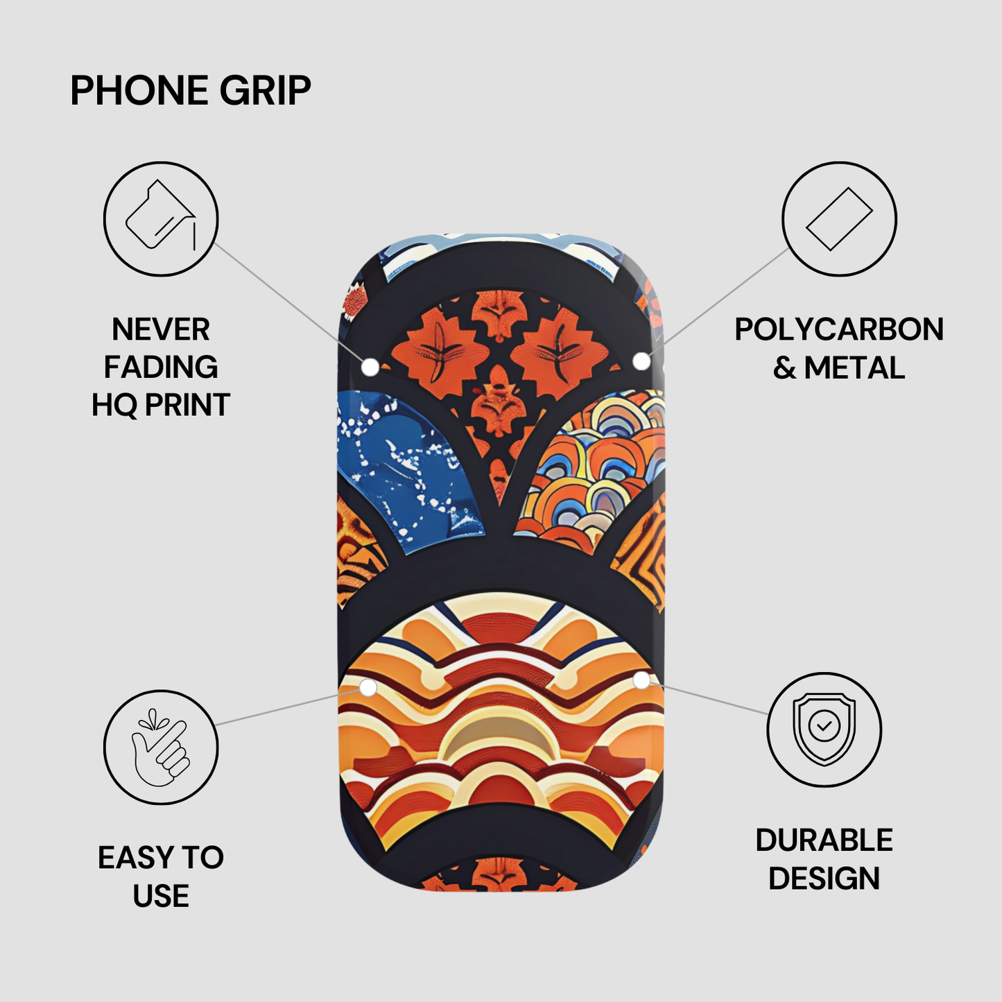Phone grip with colorful design and text highlighting features on a gray background | Casenari