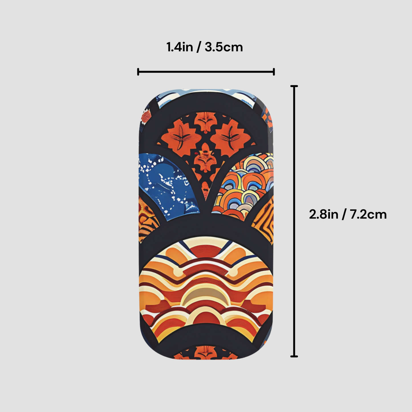 Phone case with colorful design and measurements on a gray background | Casenari