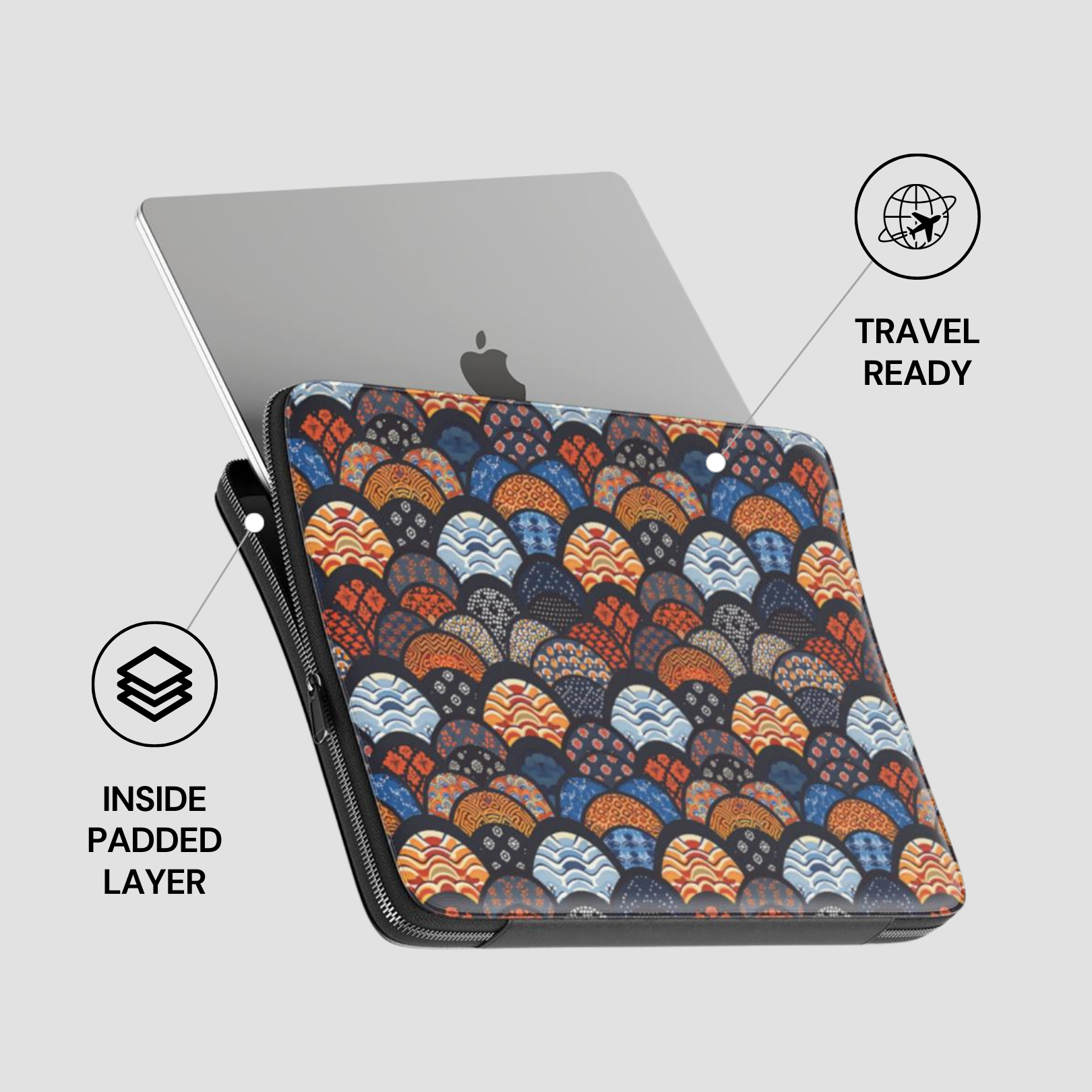 Patterned laptop sleeve with 'Travel Ready' and 'Inside Padded Layer' text on a gray background | Casenari