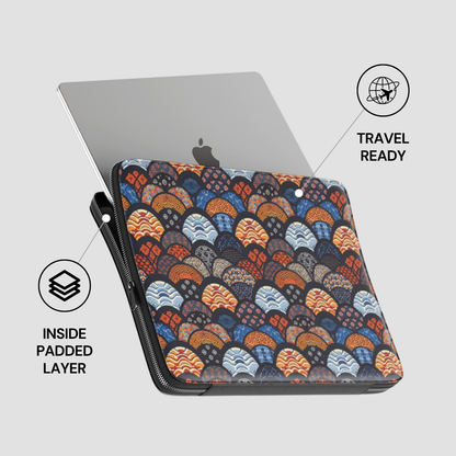 Patterned laptop sleeve with 'Travel Ready' and 'Inside Padded Layer' text on a gray background | Casenari