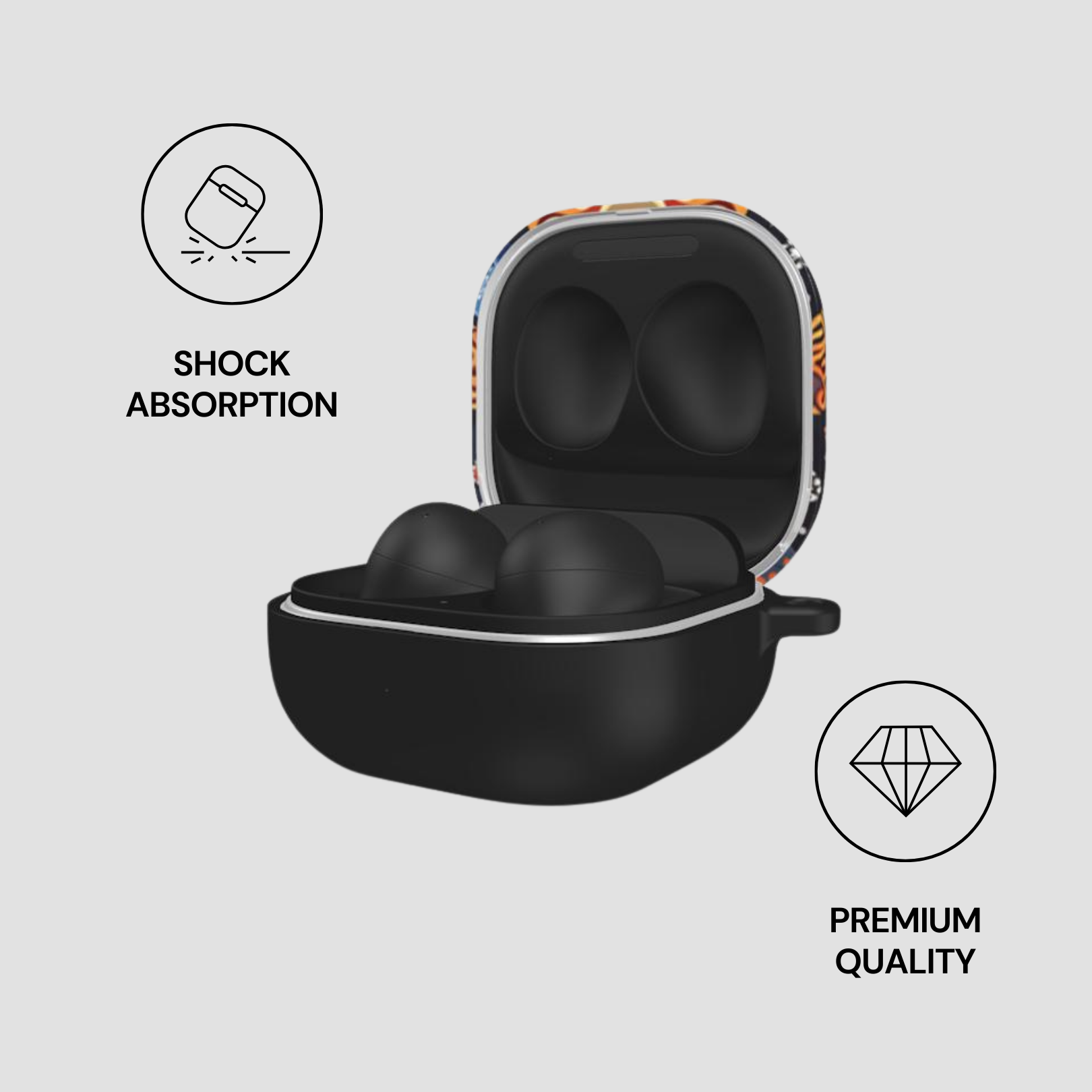 Black earbud case with colorful design on a light gray background, featuring icons for shock absorption and premium quality. | Casenari