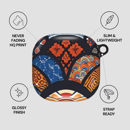 Colorful patterned case with features listed on a gray background | Casenari