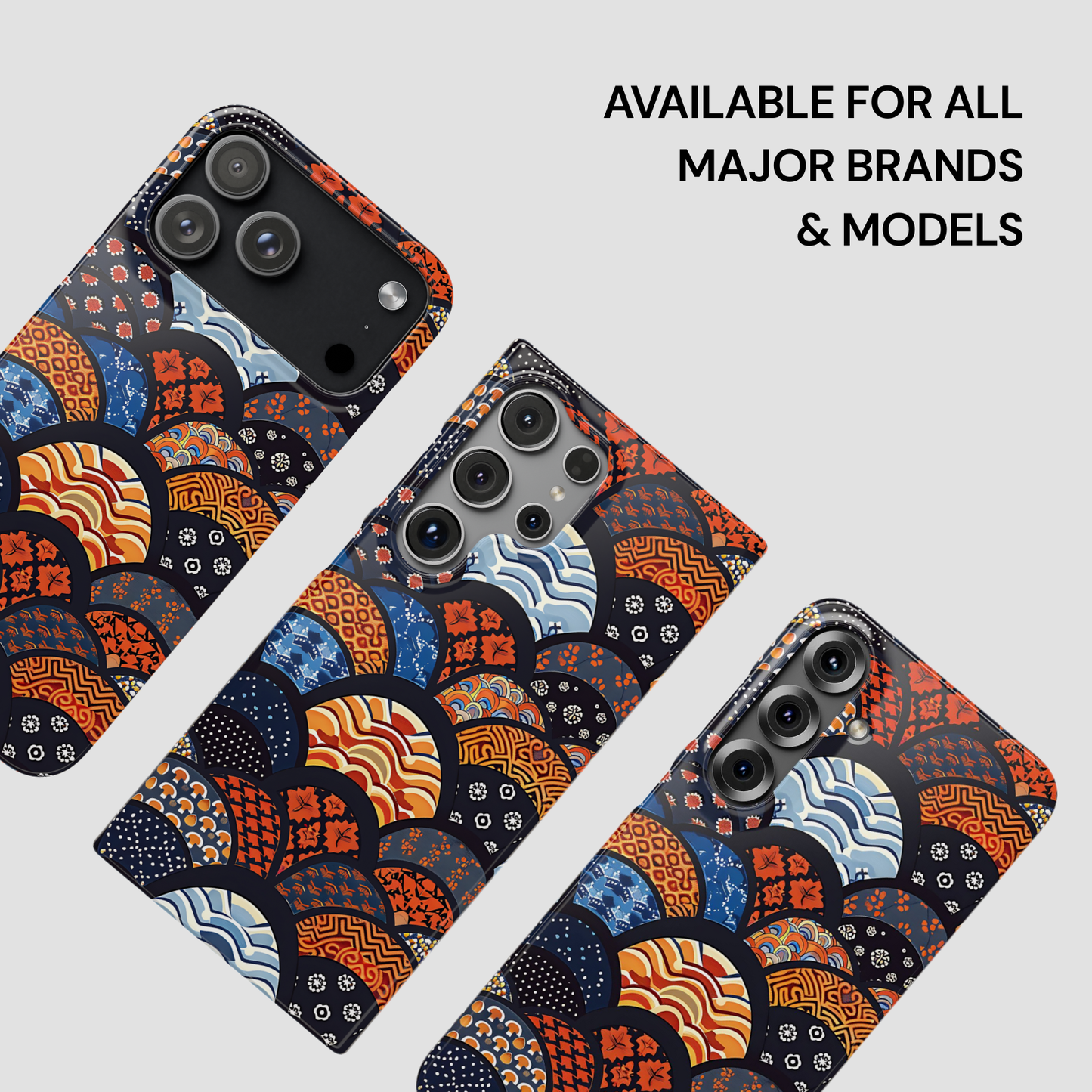 Patterned phone case on a white background with text 'Available for all major brands & models'. | Casenari