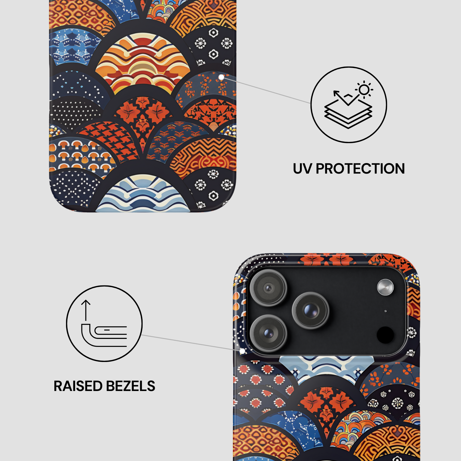 Phone case with a colorful pattern and UV protection and raised bezels features on a light gray background. | Casenari