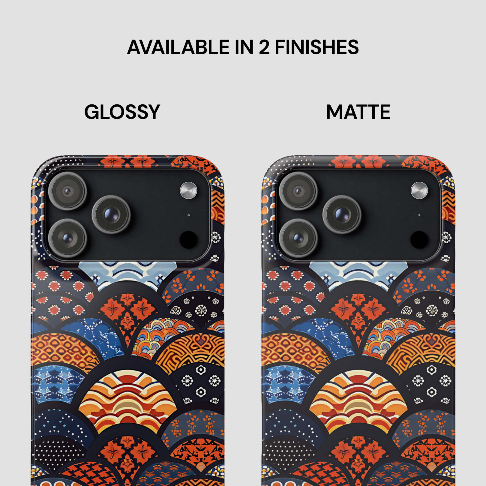 Two phone case designs, one glossy and one matte, with a geometric pattern on a white background. | Casenari