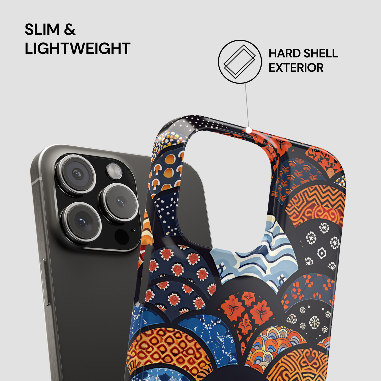 Colorful patterned phone case with text 'Slim & Lightweight' and 'Hard Shell Exterior' on a gray background | Casenari